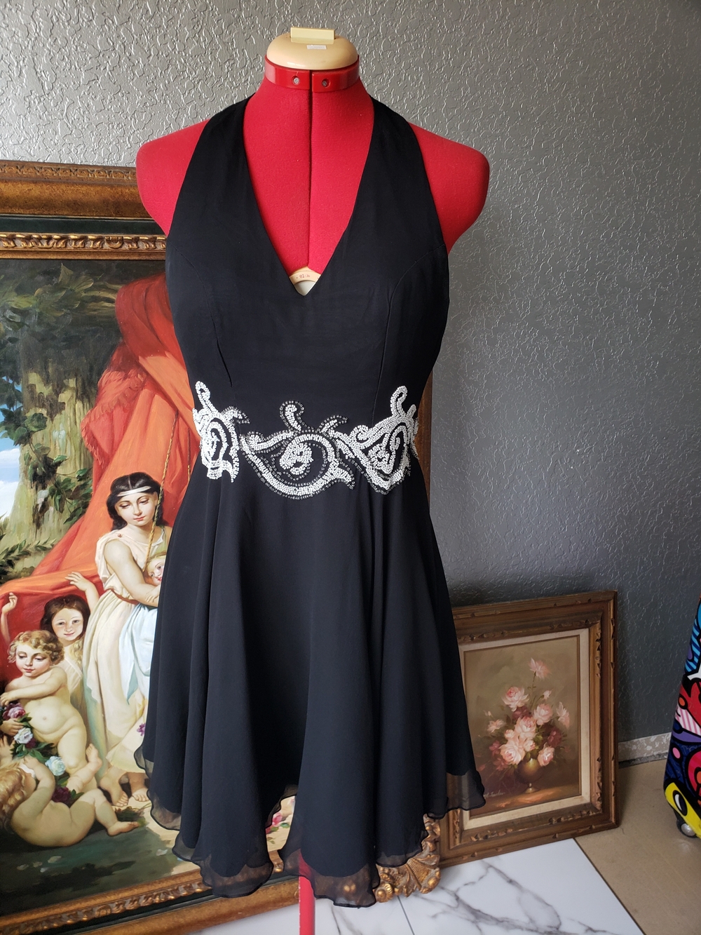 Sho Max Originals Black One-Shoulder Halter Dress with Silver Beaded Waistband